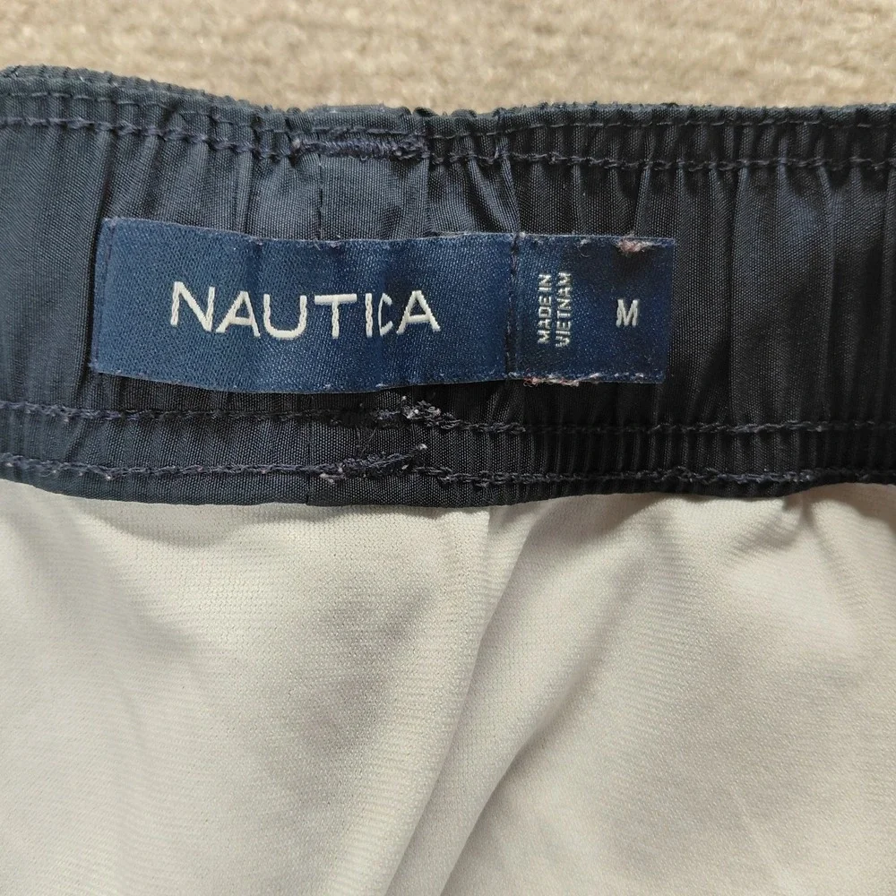 Nautica Men's Swim‎ Trunks Navy Blue All Over Logo Size MEDIUM Pockets Lined